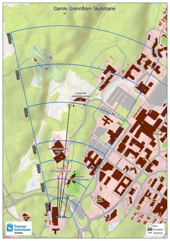 Kart som viser omr&aring;det hvor den gamle skytebanen p&aring; Troms&oslash;ya l&aring;.