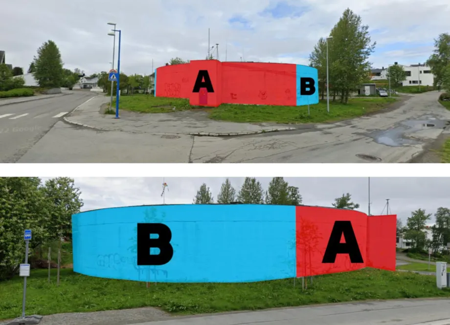 Viser inndeling av h&oslash;ydebasseng i to ulike seksjoner for veggkunst.
