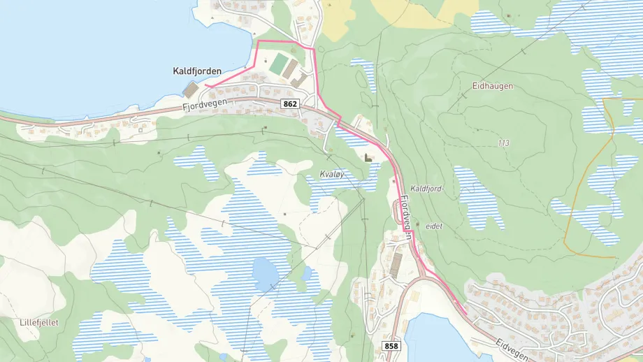 Kart som viser tras&eacute; for ny avl&oslash;psledning i Kaldfjorden
