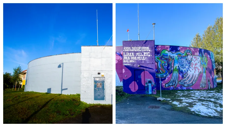 To bilder i collage viser Forh&aring;pningen trykkbasseng f&oslash;r og etter at gatekunstprosjektet startet.