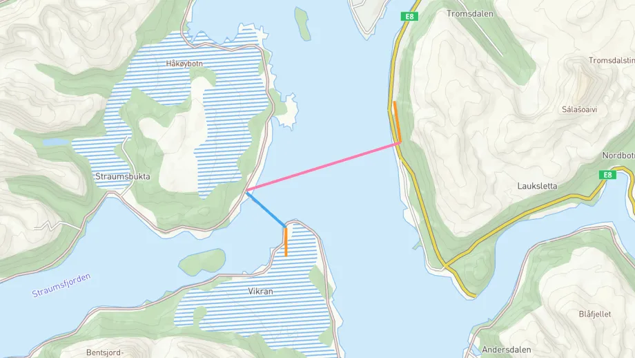 Kart som viser vannforsyning fra fastlandet via kval&oslash;ya til vikran