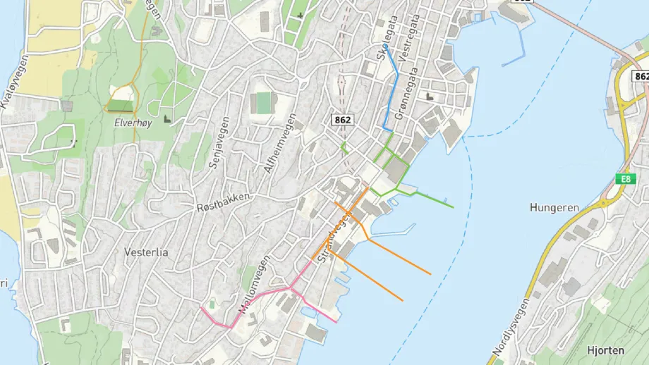 Kart av sentrum s&oslash;r som viser gravetrase i alle fire prosjekter