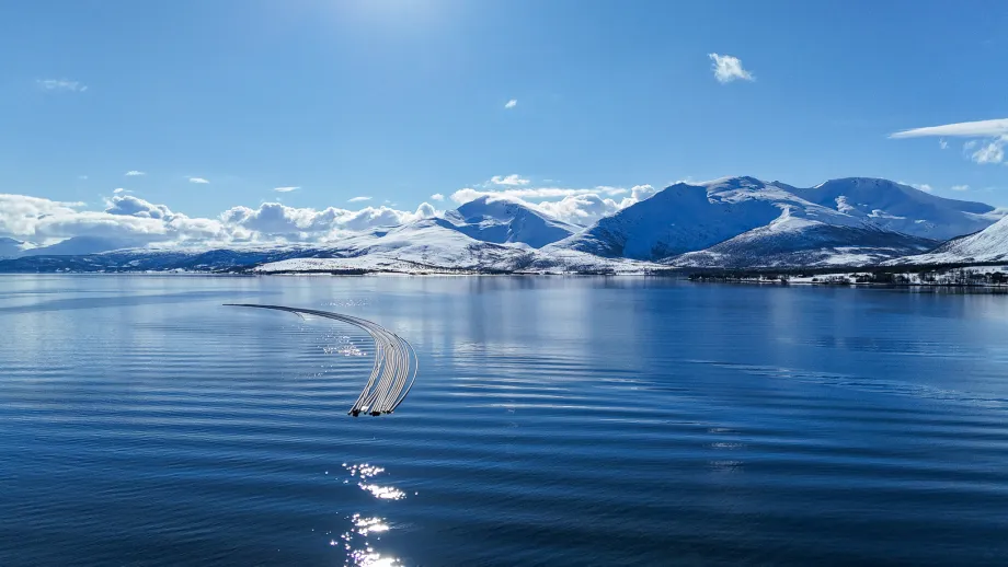 Dronefoto av forankrede sjøledninger som flyter på havoverflaten.