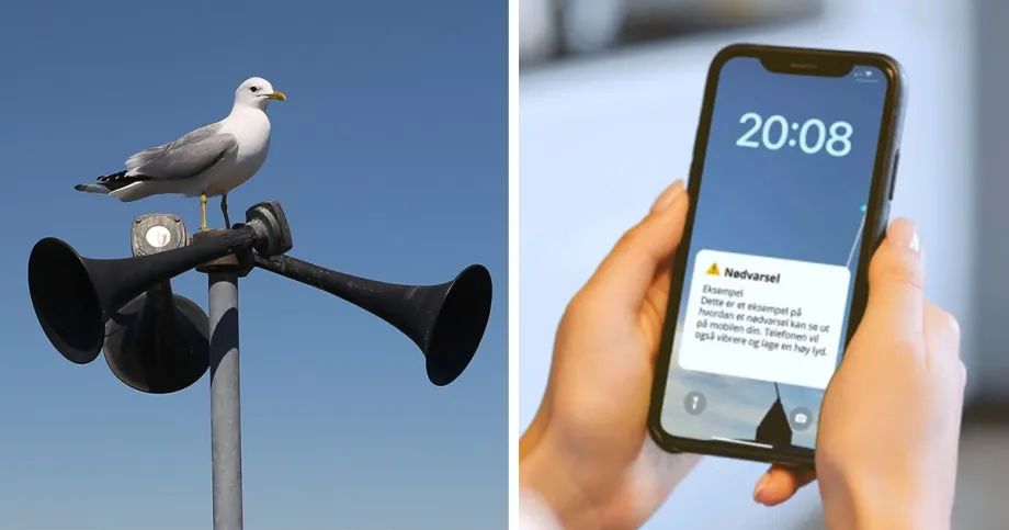 Todelt bilde: En tyfon til venstre p&aring; bildet, og en mobiltelefon som holdes i en h&aring;nd p&aring; h&oslash;yre side.