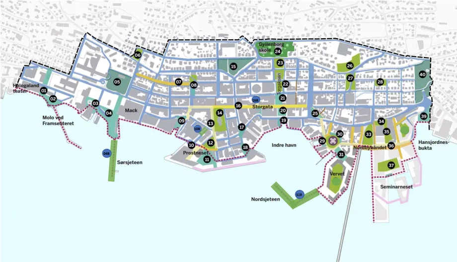 Oversiktskart av Troms&oslash; sentrum som viser plasseringen til de mer enn 40 byrommene omtalt i Handlingsplan for byrom i Troms&oslash;
