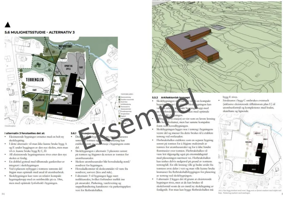 Viser et eksempel på hvordan et konsept for en skole kan se ut i denne fasen.