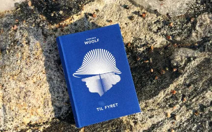 Ei bl&aring; bok med en hvit illustrasjon av et menneskehode med hatt. Boka ligger p&aring; et berg. Tittelen er "Til fyret". Foto.