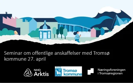 Banner som viser NHOs, Troms&oslash; kommunes og N&aelig;ringsforeningens logoer med illustrasjon av by i bakgrunnen.