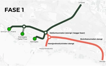 Kart som viser stengte og &aring;pne tunneler