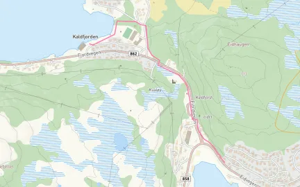 Kart som viser tras&eacute; for ny avl&oslash;psledning i Kaldfjorden