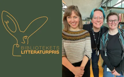 Til venstre illustrasjon med skriften 'Bibliotekets litteraturpris. Til h&oslash;yre fotografi av tre personer som smiler mot kamera.