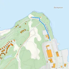 Kartillustrasjon viser gravetrase for vannledning p&aring; Nordspissen