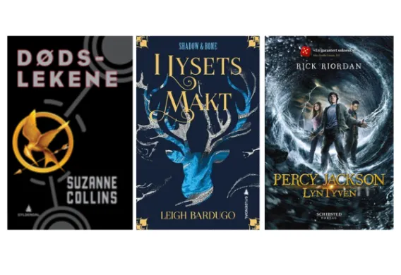 Elever anbefaler fantasy og dystopi Tre bøkers forside: Dødslekene, Lysets makt og Lyntyven. Illustrasjon