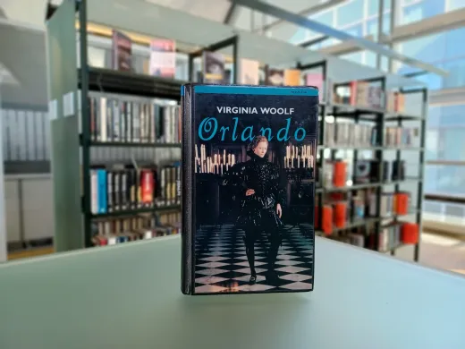 Orlando av Virginia Woolf Ei bok med fronten vendt mot kamera. Bokens tittel er "Orlando." I bakgrunnen står det bokhyller. Foto